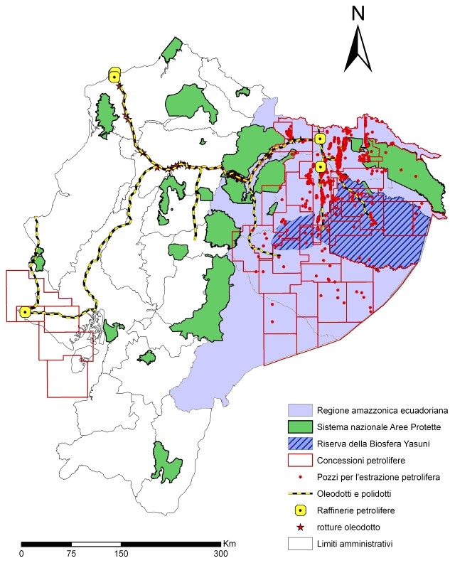 Ecuador: infraestructuras hidrocarburos y superposición con el sistema de áreas protegidas (SNAP). (Pappalardo, 2009)