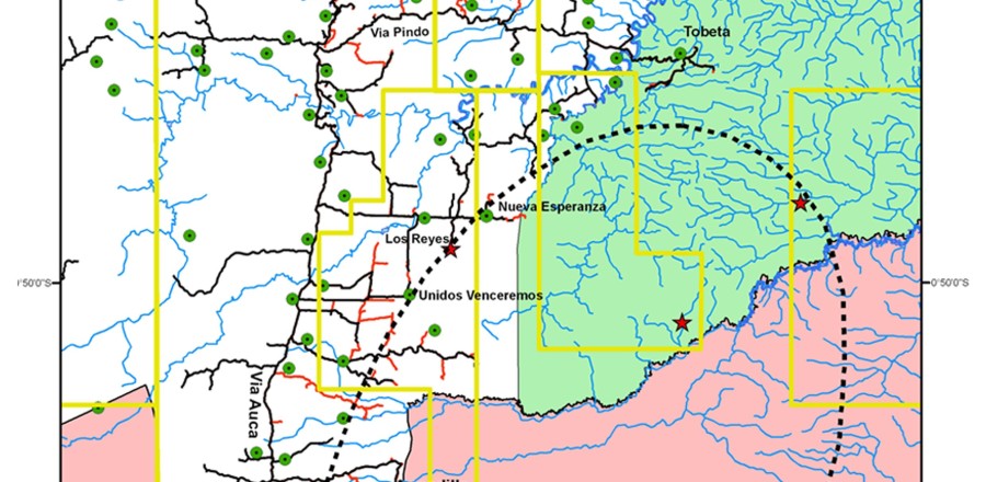 Expansion of the Via Auca road network towards the Yasuní National Park and the Waorani Ethnic Reserve. Oil blocks (yellow lines), historic incidents (red stars) between uncontacted Tagaeri Taromenane groups and external actors, and protected areas. Road network in 2009 by black lines (MAE, 2009) and spatial evolution to the east in 2011 developed by GPS survey (red lines). The map also show the uncontacted Armadillo home range overlapping several oil blocks and the mestizo farmer settlements.