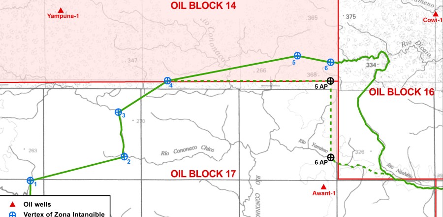 Andes-Petroleum company and the cartographic suggestion to modify the perimeter of the Zona Intangible. Andes-Petroleum company (China) suggested to the Ministry of Energy (Ministerio de Energia y Minas) and its Environmental Department (DINAPA) to modify the perimeter in order to facilitate oil exploitation in the area maintaining direct access to the proved oil field called Awant-1. This map shows the “cartographic suggestion” of Andes Petroleum to create –according to its productive requirements – a special corridor to exploit the Awant-1 oil field which is localized 12,8 km to south point No. 6, inside the same ZITT area.