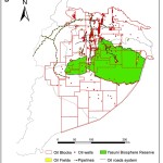 Fig. 1 -  Yasuní Biosphere Reserve and Zona Intangible Tagaeri Taromenane (ZITT): geographical framework. Oil production in the Ecuadorian Amazon Region (9th concession licensing round, 2001).