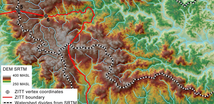 Fig. 3 - Digital Elevation Model (SRTM) in the area of points No. 5 and 6. DEM analysis of river basins and catchment's divides: Rio Dicaro and Rio Nashiño belong to different basins: the first one flows into the Yasuní River, the second one into the Curaray River. Therefore “following downstream the Rio Dicaro till point No. 7 by the Rio Nashiño” (Art. 1, indent 3) [15] becomes a “geographical nonsense” in mapping out the perimeter section from points No. 6 to that No. 7