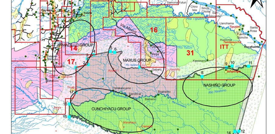 Fig. 6 - Synthesis map: Yasuní National Park (YNP), Waorani Ethnic Reserve (WER), Zona Intangible Tagaeri Taromenane (ZITT) and oil blocks. The overlapping systems of territorial complexity in and around the Yasuní Biosphere Reserve: the Zona Intangible (ZITT) is geographically adjoined with productive oil concessions area at the north-west side; on the contrary the north-east sector overlaps both with oil blocks No. 31 (operated by the Petroamazonas national company) and that ITT block (Ishipingo-Tiputini-Tambococha block, Secreteria de Hidrocarburos of Ecuador). The spatial distribution of the Tagaeri Taromenane clans is partially outside the ZITT perimeter in the cases of the Nashiño and the Maxus groups; the Armadillo group is completely outside the ZITT boundary overlapping oil blocks No. 14 and No. 17. Their home range overlaps several titled and untitled land of mestizo (colonos) farmers and non-autochthonous indigenous settlements in the Dayuma and Ines Arango districts, implicating a sensible proximity with roads system related to the Via Auca main axis. The presence of the Armadillo group in this area is also confirmed by recent violent contacts between the Hormiguero oil platform and the Armadillo oil field.