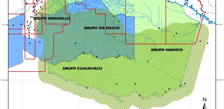 Fig. 8 - Synthesis map of the Zona Intangible. Recognizing the complex territory of uncontacted Tagaeri Taromenane: from geometry to geography.  The map results from the combination of human right policies (Zona Intangible Tagaeri Taromenane) representing also the Buffer Zone (normally avoided in official maps), the oil concessions for hydrocarbon production and the spatial patterns of Tagaeri Taromenane (combining the results of data about paths and presences). Considering the power of images in shaping territorial representation, cartography science has the responsibility in formulating more complex discourses about controversial territories.