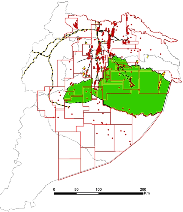 Región Amazónica Ecuatoriana: infraestructuras hidrocarburíferas y superposición con la Reserva de Biosfera Yasuní. (Pappalardo, 2009)