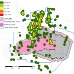 Parque Nacional Yasuní, Reserva Indígena Waorani: densidad de los pozos por 100 km2 (Pappalardo, 2009).