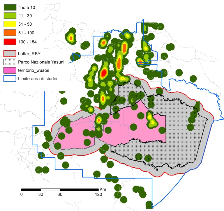 Parque Nacional Yasuní, Reserva Indígena Waorani: densidad de los pozos por 100 km2 (Pappalardo, 2009).