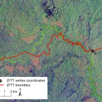 Detail of the Landsat TM 5 satellite scene and the boundary section close to point No. 8. The boundary section drifts away from the Rio Nashiño riverbed runs over a hill's ridge in two spots, violating both the terrain morphology and the same official text (Decree 2187, 2007).