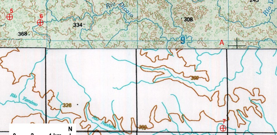 Fig. 2 -  Perimeter of Zona Intangible Tagaeri Taromenane (ZITT) including points No. 5, No. 6, No. 7. (IGM Ecuador, scale 1:250,000). Points No. 6 and No. 7 belong to different rivers: the former to the Rio Dicaro, the latter to the Rio Nashiño.