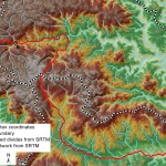 Fig. 3 - Digital Elevation Model (SRTM) in the area of points No. 5 and 6. DEM analysis of river basins and catchment's divides: Rio Dicaro and Rio Nashiño belong to different basins: the first one flows into the Yasuní River, the second one into the Curaray River. Therefore “following downstream the Rio Dicaro till point No. 7 by the Rio Nashiño” (Art. 1, indent 3) [15] becomes a “geographical nonsense” in mapping out the perimeter section from points No. 6 to that No. 7