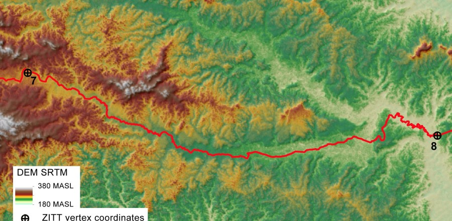 Fig. 4 - Digital Elevation Model (SRTM) analysis between points No. 7 and 8: a critical mapping out of the Zona Intangible Tagaeri Taromenane (ZITT).  Figure 4. Digital Elevation Model (SRTM) analysis between points No. 7 and 8: a critical mapping out of the Zona Intangible Tagaeri Taromenane (ZITT). show more  The DEM analysis of river dynamic clearly shows that the boundary section, rather than overlapping the Rio Nashiño river bed, drifts away from the river course running over a hills line upper slope. This mapping out violates both the terrain morphology and the same official text (Decree 2187, 2007)