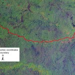 Fig. 5 - Spatial analysis of perimeter section between points No. 7 and No. 8 processing satellite scenes from Landsat TM 5. show more  Landsat Thematic Mapper (TM) false color composite (4 blue, 5 green, 7 red) of the territory encompassed between points No. 7 and No. 8 in the southern sector of the Oil Block 31 (PetroAmazonas). Boundary section (red color line) does not match the Rio Nashiño river bed (yellow color line).