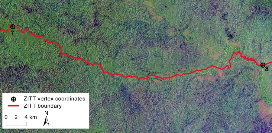 Fig. 5 - Spatial analysis of perimeter section between points No. 7 and No. 8 processing satellite scenes from Landsat TM 5. show more  Landsat Thematic Mapper (TM) false color composite (4 blue, 5 green, 7 red) of the territory encompassed between points No. 7 and No. 8 in the southern sector of the Oil Block 31 (PetroAmazonas). Boundary section (red color line) does not match the Rio Nashiño river bed (yellow color line).