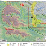 Fig. 7 - Synthesis map of the critical zone around points No. 5, 6 and 7 of the perimeter section: spatial relationships between oil production (block 16), home range of uncontacted Maxus group, and the spot of the Tagaeri Taromenane attack occurred on the 5th March 2013. This synthesis map of the critical zone defined by points No. 5, 6, 7 of the Zona Intangible show sensible spatial relationships between oil production (blocks, fields and wells), the home range of uncontacted Maxus clan, the ZITT perimeter and the Waorani communities settlements. Spatial relationships between oil production areas and the Zona Intangible perimeter section are clearly shown in the map. The attack has major significance in terms of its location since it occurred near the geographic inconsistencies highlighted by this paper: about 100 meters from the Wipsi-1 oil platform, 10 km from point 7, almost 20 km from point 7, along the border of the Buffer Zone. Background raster map has been assembled using a SRTM DEM model to also show geomorphological characteristics of the area.