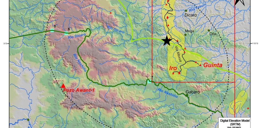 Fig. 7 - Synthesis map of the critical zone around points No. 5, 6 and 7 of the perimeter section: spatial relationships between oil production (block 16), home range of uncontacted Maxus group, and the spot of the Tagaeri Taromenane attack occurred on the 5th March 2013. This synthesis map of the critical zone defined by points No. 5, 6, 7 of the Zona Intangible show sensible spatial relationships between oil production (blocks, fields and wells), the home range of uncontacted Maxus clan, the ZITT perimeter and the Waorani communities settlements. Spatial relationships between oil production areas and the Zona Intangible perimeter section are clearly shown in the map. The attack has major significance in terms of its location since it occurred near the geographic inconsistencies highlighted by this paper: about 100 meters from the Wipsi-1 oil platform, 10 km from point 7, almost 20 km from point 7, along the border of the Buffer Zone. Background raster map has been assembled using a SRTM DEM model to also show geomorphological characteristics of the area.