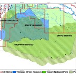 Fig. 8 - Synthesis map of the Zona Intangible. Recognizing the complex territory of uncontacted Tagaeri Taromenane: from geometry to geography.  The map results from the combination of human right policies (Zona Intangible Tagaeri Taromenane) representing also the Buffer Zone (normally avoided in official maps), the oil concessions for hydrocarbon production and the spatial patterns of Tagaeri Taromenane (combining the results of data about paths and presences). Considering the power of images in shaping territorial representation, cartography science has the responsibility in formulating more complex discourses about controversial territories.