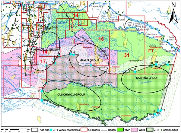 Figure 6. Synthesis map: Yasuní National Park (YNP), Waorani Ethnic Reserve (WER), Zona Intangible Tagaeri Taromenane (ZITT) and oil blocks.