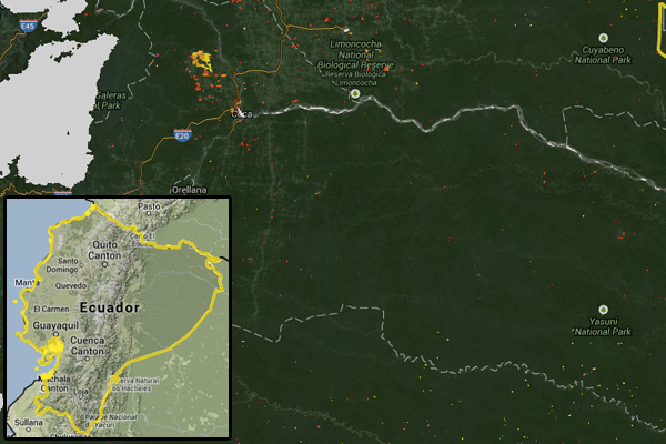 Deforestación el Amazonia Ecuatoriana Reciente deforestacion en el Oriente Amazonico Ecuatoriano (pixel amarillo, naranja y rojo). courtesy of Terra-i.