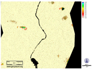 Deforestacion a lo largo de la via petrolera, cerca de Apaika (Elaboracion con Thiam’s Vegetation Index. Stretched values to show not vegetatd area (dark))