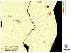 Deforestacion a lo largo de la via petrolera, cerca de Apaika (Elaboracion con Thiam’s Vegetation Index. Stretched values to show not vegetatd area (dark)) 