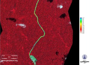 Carretera hasta la plataforma Apaika y analisis de deforestacion. (Thiam’s Transformed Vegetation Index, stretched values to show not vegetatd area (composiciones de falsos colores en verde, rojo y infrarojo.